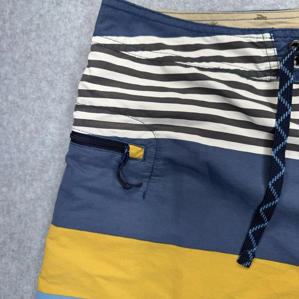 Patagonia Men's 34 Wavefarer Board Shorts Fitz Stripe Yurt Yellow Blue Surf Swim